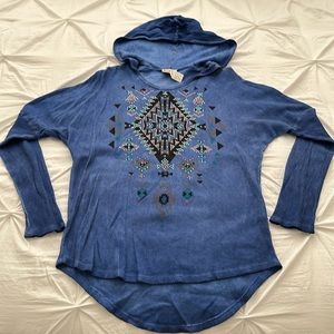 Blue long sleeve hoodie with Indian design and colorful bling. Size L.